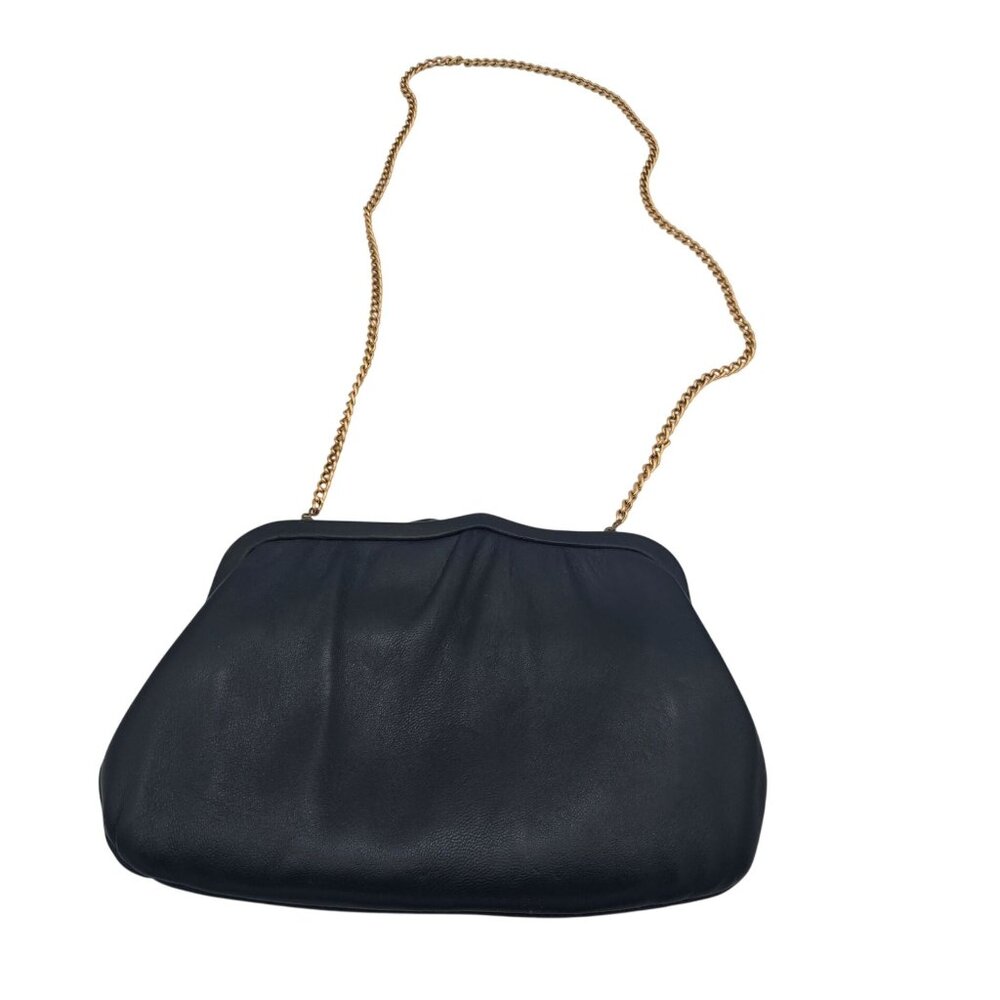 Vintage Navy Blue Leather Clutch Purse With Gold Chain Strap & Snap Closure
